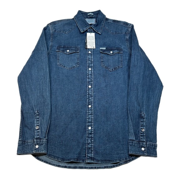 Guess Pearl Snap Denim Shirt Mens Medium Western‎ Slim Fit $98 NEW - Picture 1 of 8